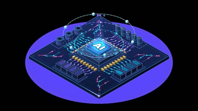 Futuristic Artificial Intelligence Processor Chip Concept with Glowing Data Network Connections on a Dark Isometric Background