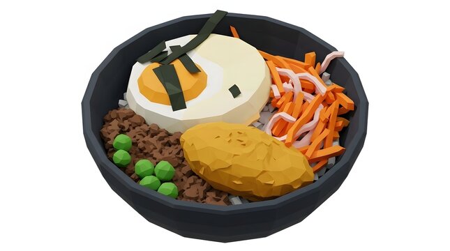 Low-poly 3D illustration of a rice bowl topped with fried egg, minced beef, shredded carrots, peas, and nori strips.
