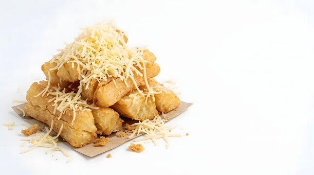 Crispy fried cassava sticks topped with grated cheese on baking paper, an Indonesian snack.