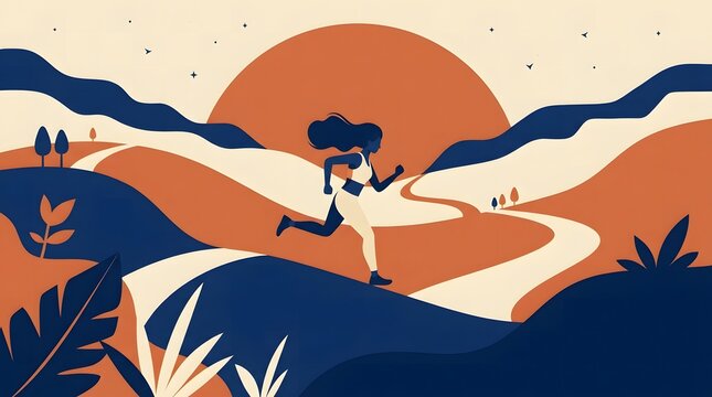 Flat illustration of a woman running along a winding trail over rolling hills at sunset.