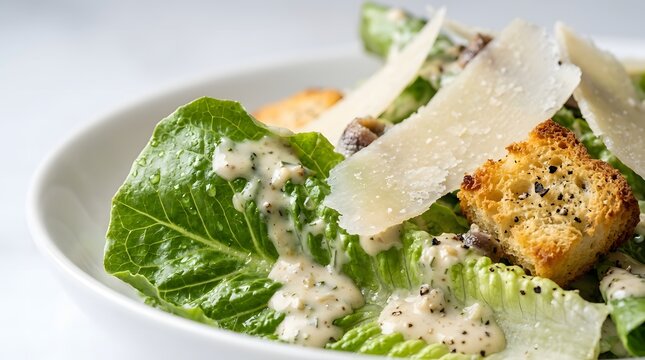 Close-up of Caesar salad with crisp romaine, parmesan shavings, croutons, and creamy dressing in a white bowl.