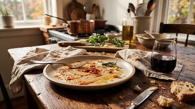 Delicious Italian meal with pasta, bread, wine, and fresh herbs on table