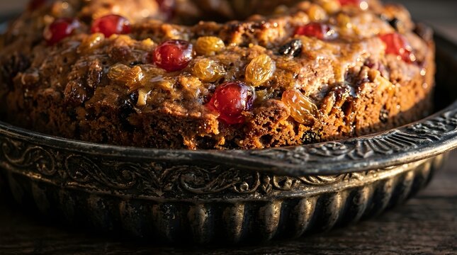 Delicious homemade fruit and nut cake served on decorative dish plate