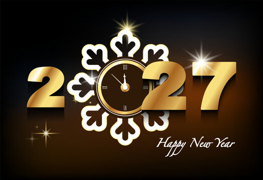 Design for a New Year's holiday banner. Happy New Year 2027 template featuring gold numerals and text, along with a white snowflake containing a clock striking midnight. Black background. Vector illus