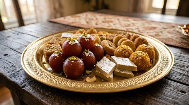 Traditional Indian sweets platter with gulab jamun and assorted delicacies