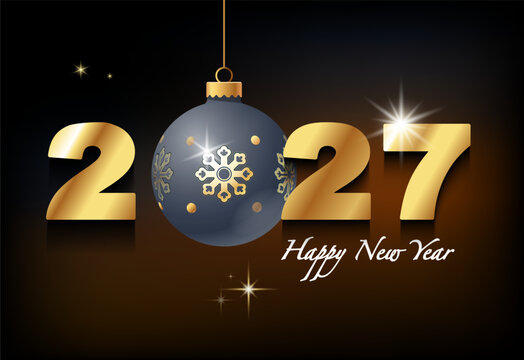 New Year's holiday banner design for 2027. Template with gold numbers. Includes a hanging New Year's ornament, white text reading "Happy New Year," a calendar, and a night-themed background. Vector il