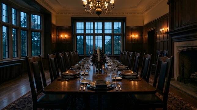 Elegant long dining table set with chairs in a dimly lit room