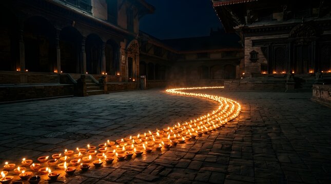 A winding trail of glowing candles illuminating a historic courtyard at night