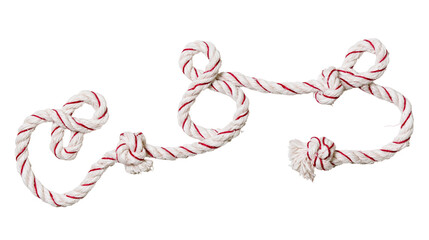 White cotton rope with red tracer threads tied in multiple decorative knots © Aisling