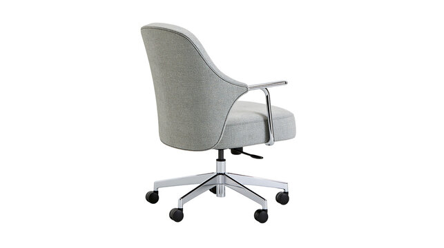 Modern grey fabric office chair with chrome metal base and rolling wheels