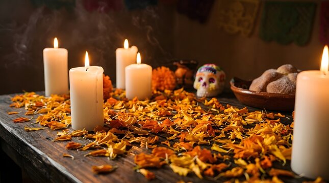 Traditional Day of the Dead Altar with Candles, Marigolds, and Offerings
