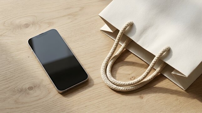 Smartphone lying beside a paper shopping bag on a wooden surface