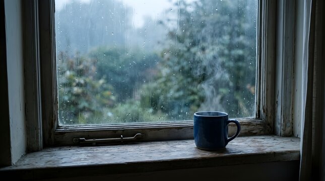 Blue mug on a wooden windowsill with a rainy garden view outside