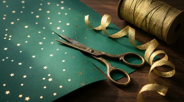 Scissors, ribbon, and wrapping paper for festive craft and gift making