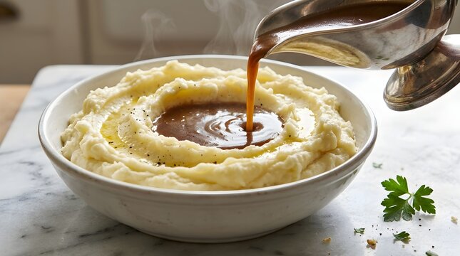 Creamy mashed potatoes served in a bowl with rich brown gravy poured on top