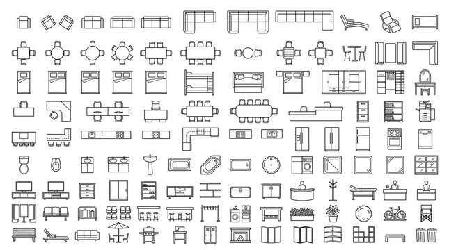 100 Architectural Furniture Floor Plan Symbols Featuring Top View Interior Seating Bedroom Kitchen Office and Bathroom CAD Blocks