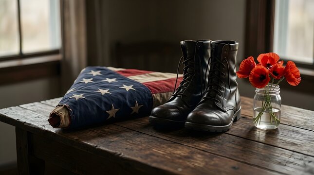 Folded American flag with military boots and red flowers on wooden table