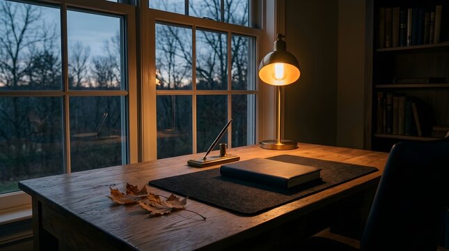 Cozy evening workspace with warm lighting and natural window view