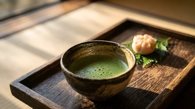 Traditional matcha tea served in a rustic ceramic bowl on wooden tray