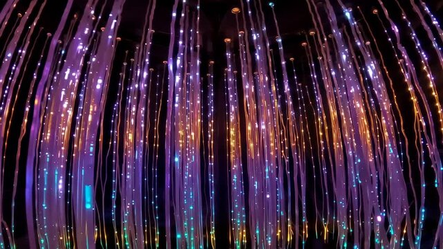 Colorful fiber optic light strands shimmer and transition through purple, blue, turquoise, and amber tones in a glowing abstract illuminated display
