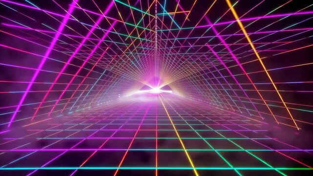 Colorful neon grid tunnel animation with glowing lines converging toward a bright central light in futuristic digital perspective