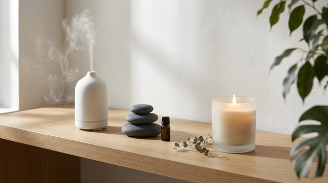 Relaxing minimalistic spa scene with stones, candle, and diffuser on wood