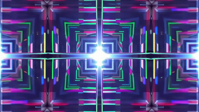 Abstract geometric animation with mirrored neon squares expanding toward a glowing center, colorful symmetrical light patterns creating a futuristic digital tunnel background