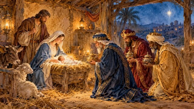 The Adoration of the Magi, a traditional Christmas scene depicting the Holy Family and wise men presenting gifts to the newborn Jesus.