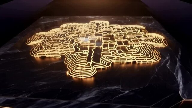 Glowing gold line map of North America emerging across a dark reflective surface in cinematic closeup, futuristic animated geography visualization