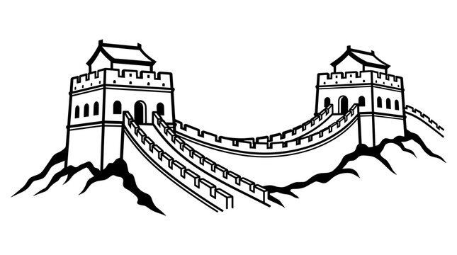 Black and white line art vector illustration of the Great Wall of China with two watchtowers and connecting wall on a mountainous ridge, isolated on white background for travel design.