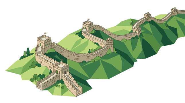 Isometric vector illustration of the Great Wall of China winding through green low poly mountains with stone watchtowers and stairs on a white background for travel concept