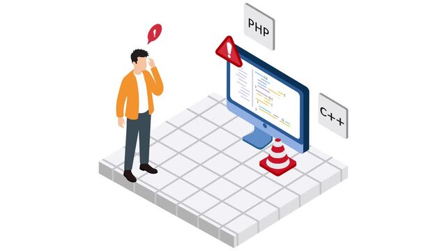 Isometric developer troubleshooting computer coding error animation. Motion graphic clip showing animated programmer finding programming bugs on screen with warning signs.