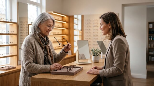 Older woman choosing eyeglass frames at an optical shop. AI generative
