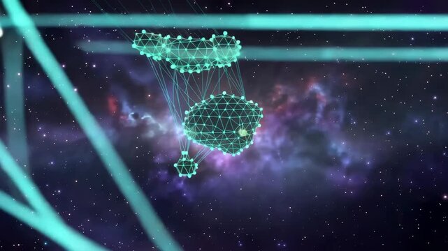 Abstract digital network of glowing geometric nodes expanding through a starry cosmic field, with luminous turquoise connections and faceted structures in futuristic computer animation