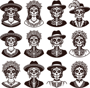 La Catrina day of the dead sugar skull woman portrait vector set for Mexican Dia de los Muertos celebration and Halloween design