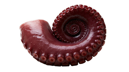 Coiled raw octopus tentacle with suckers and dark purple skin © Anouk