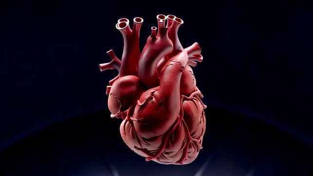 Human anatomical heart rotates slowly with glowing blue and red electrical lines, revealing detailed vessels and chambers in a dark medical visualization