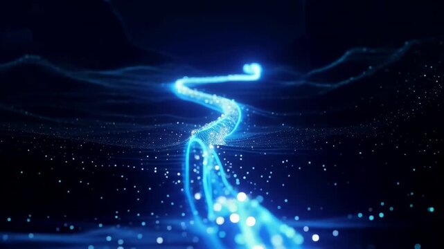 Abstract blue light waves flowing through a dark digital space with sparkling particles and glowing trails, creating an energetic futuristic background animation