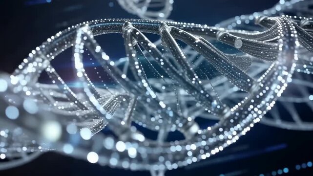 Shimmering DNA double helix structures moving through a dark blue scientific environment with glowing particles and digital light, biotechnology concept animation