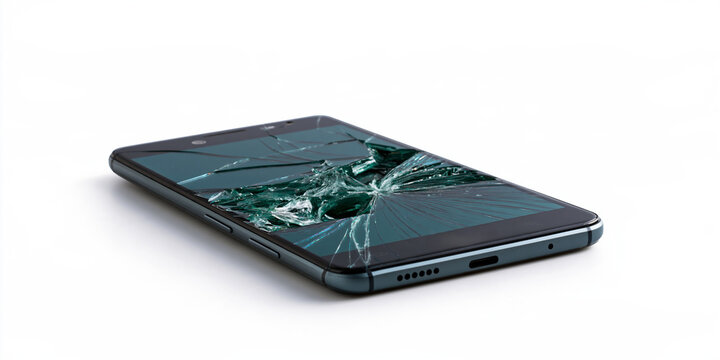 A smartphone with a shattered screen lies on a plain surface. The screen's glass is fractured, showing a broken display.