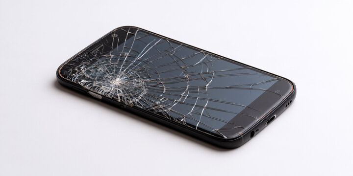 A close-up shot of a smartphone with a severely cracked screen, highlighting the damage. The dark screen displays a web of shattered glass lines.