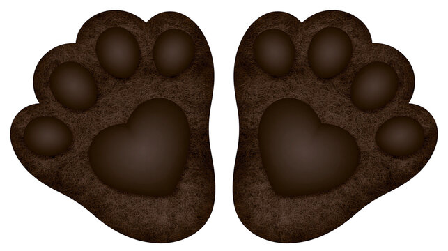 Pair of dark brown fuzzy animal paw prints with heart shaped central pads