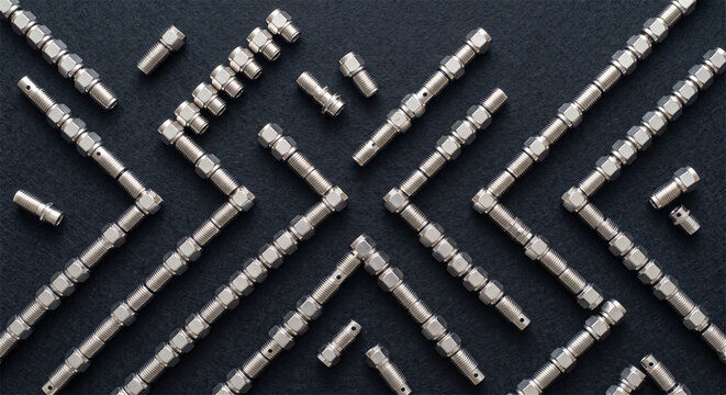 Precision metal electronic components arranged in geometric pattern, shiny stainless steel pins, technical hardware layout