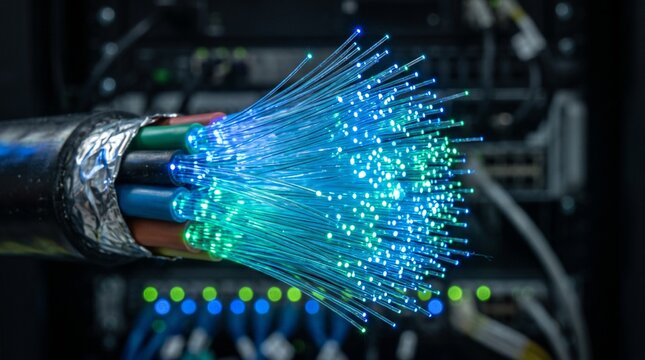 Fiber optic cable glowing with light signals for high speed internet infrastructure and modern telecommunications technology connectivity