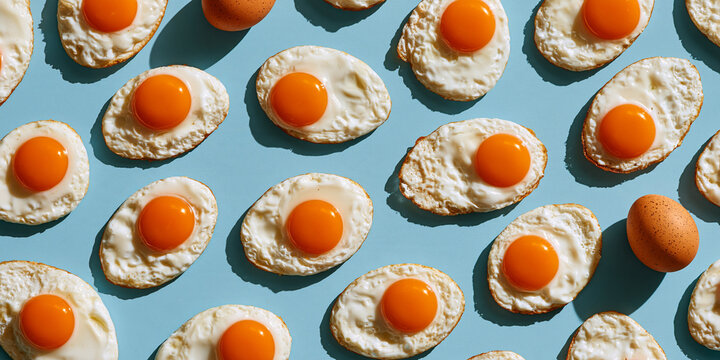 A vibrant pattern of freshly fried eggs with bright orange yolks, set against a cool blue background