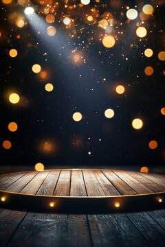 Wooden stage with golden bokeh lights and spotlight