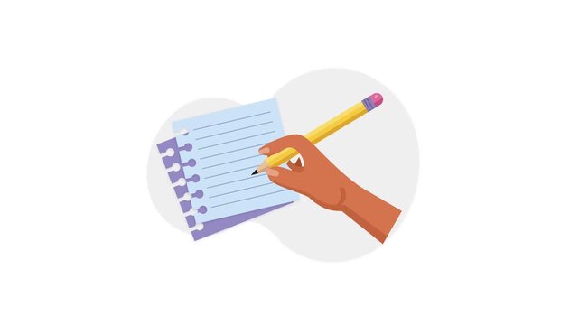 Hand writing on notepad with a yellow pencil in flat vector illustration style for office business task planning note taking concept isolated on white background with copy space