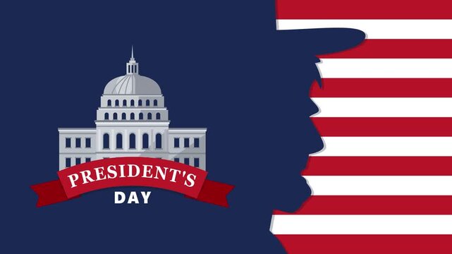 Presidents Day Capitol building illustration featuring an abstract historical leader silhouette and American flag stripes for national holiday marketing with copy space