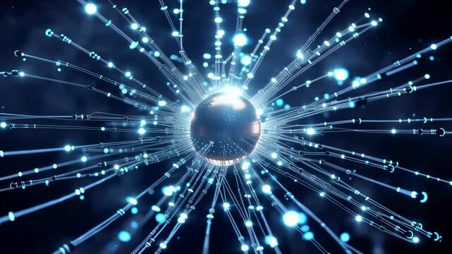 Glowing metallic sphere radiating blue light trails and data points in expanding motion, creating a futuristic digital network visualization on a dark background