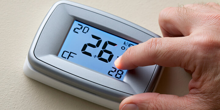 Close up of a finger adjusting a digital thermostat, displaying 26 degrees Celsius and CF mode